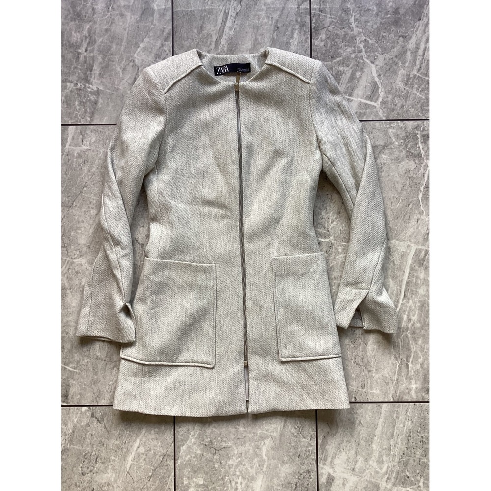 Zara Womens Gray Herringbone Collarless Zip Up Coat Jacket Pockets Size S 2319